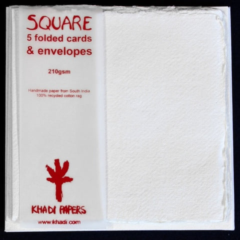 KHADI HANDMADE PAPER - 5 FOLDED CARDS & ENVELOPES -15 x 15 cm