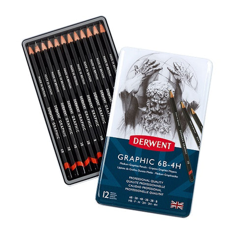 DERWENT GRAPHIC PENCILS- Tin of 12 Pencils- MEDIUM (6B-4H)