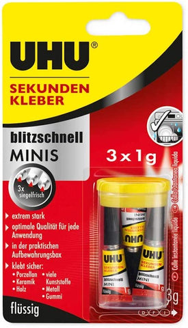 UHU SUPER GLUE - Pack of Three Mini Tubes - 1 gm each